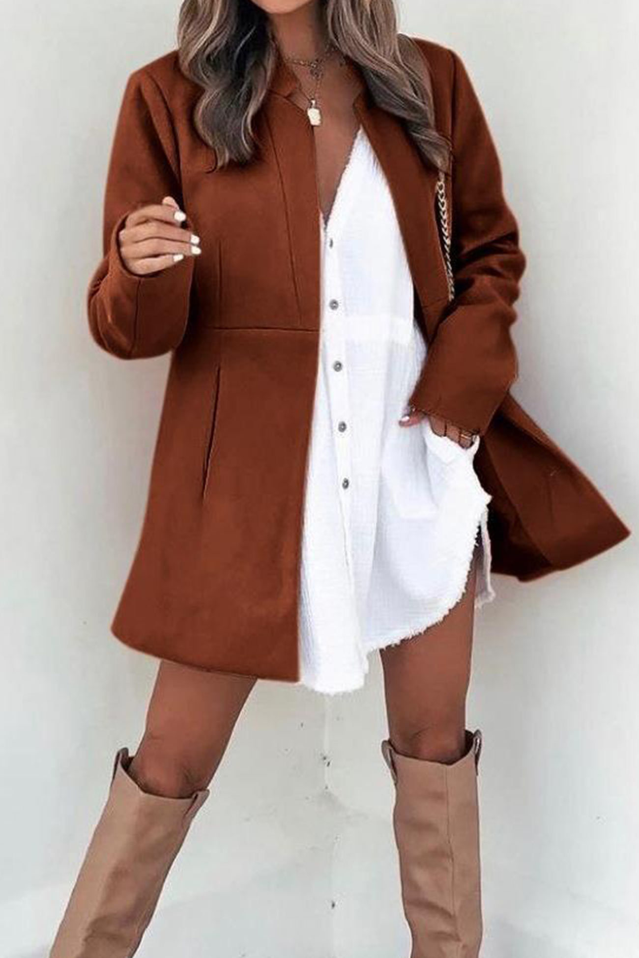 Solid Color Stand Neck Mid-length Plush Coat
