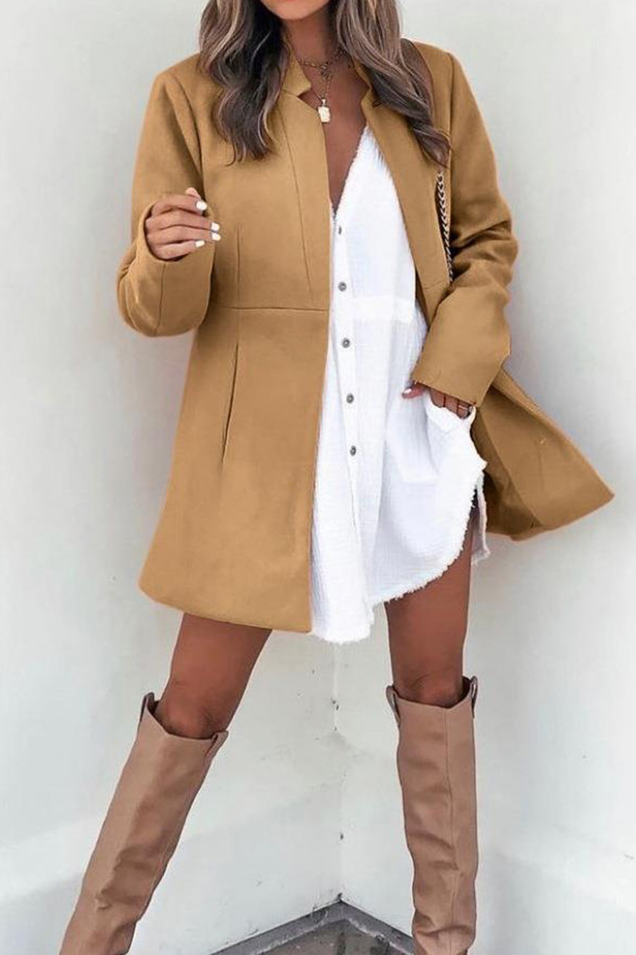 Solid Color Stand Neck Mid-length Plush Coat