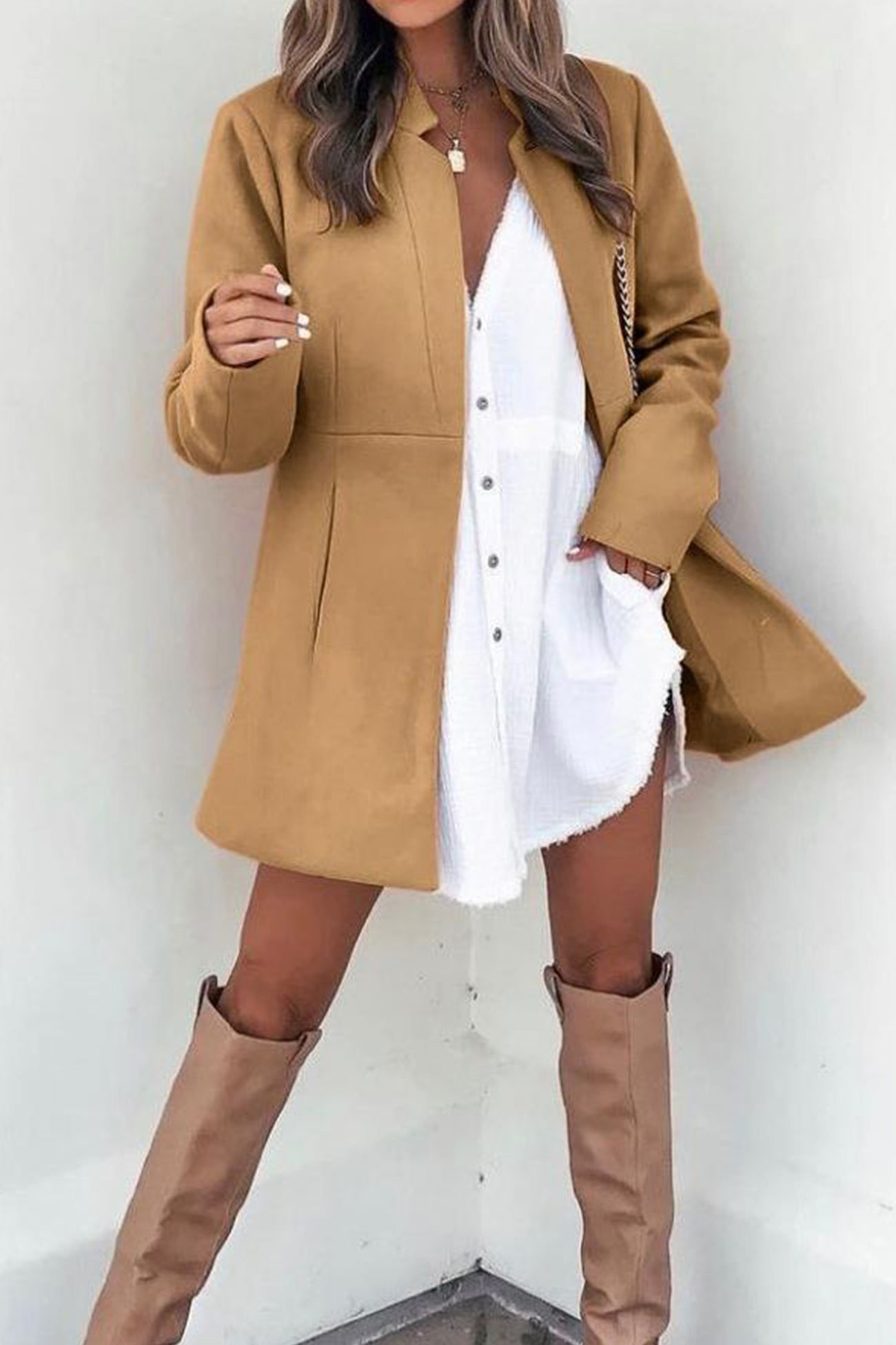 Solid Color Stand Neck Mid-length Plush Coat
