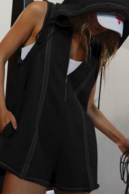 Solid Color Zip-up Hooded Rompers