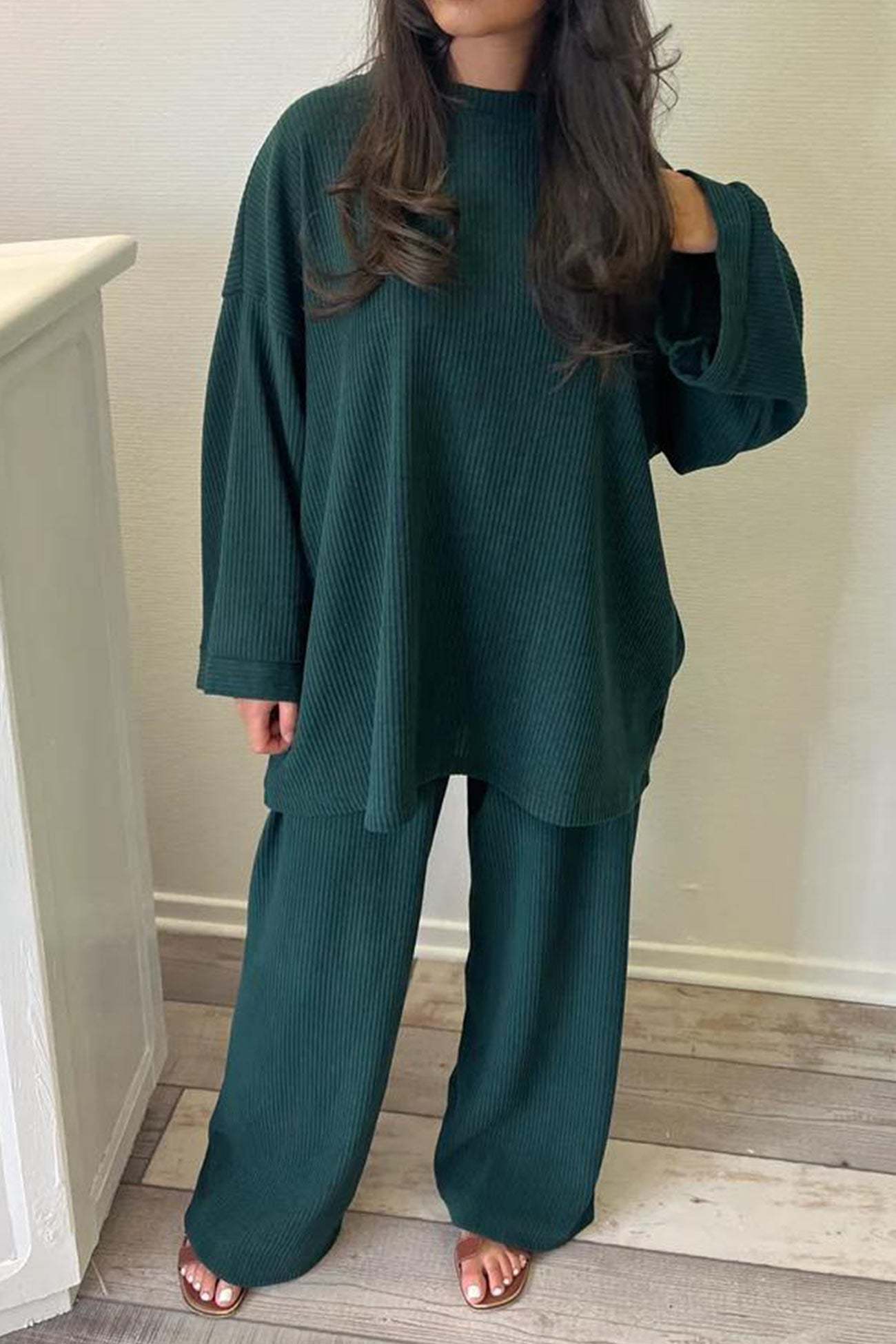 Solid Corduroy Loose Pullover Set