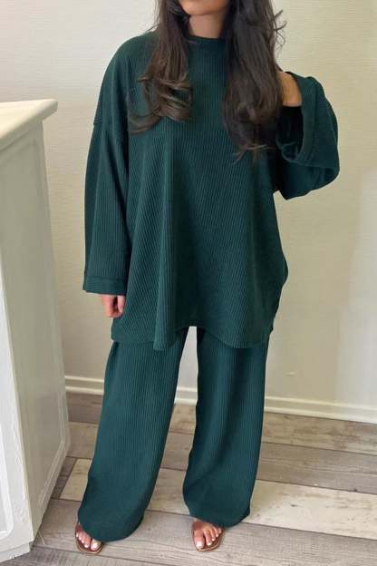Solid Corduroy Loose Pullover Set
