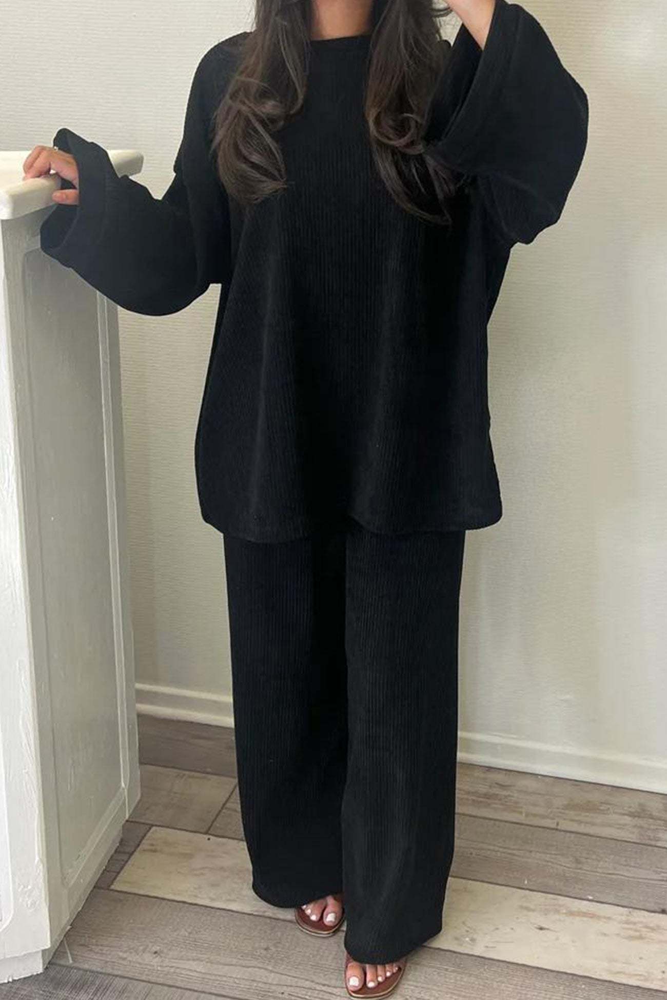 Solid Corduroy Loose Pullover Set