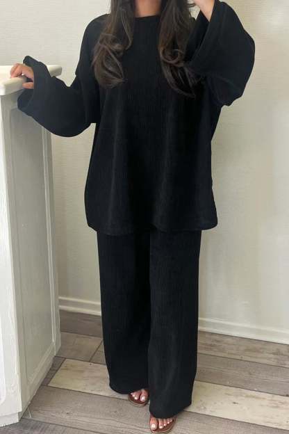 Solid Corduroy Loose Pullover Set