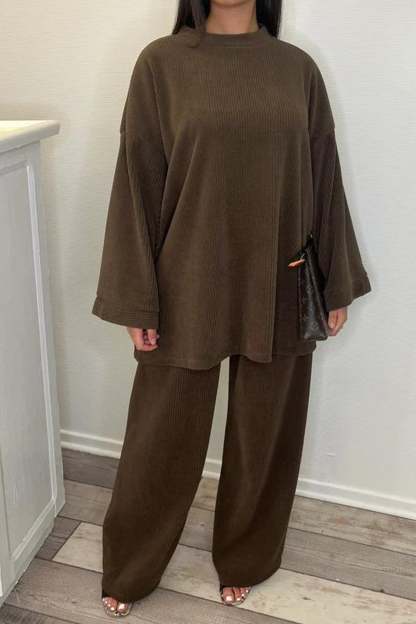 Solid Corduroy Loose Pullover Set