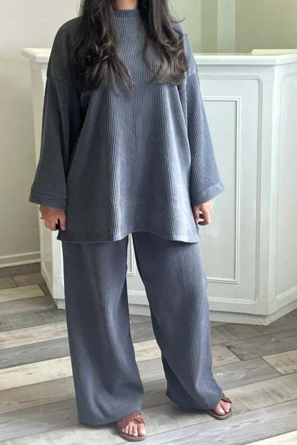 Solid Corduroy Loose Pullover Set