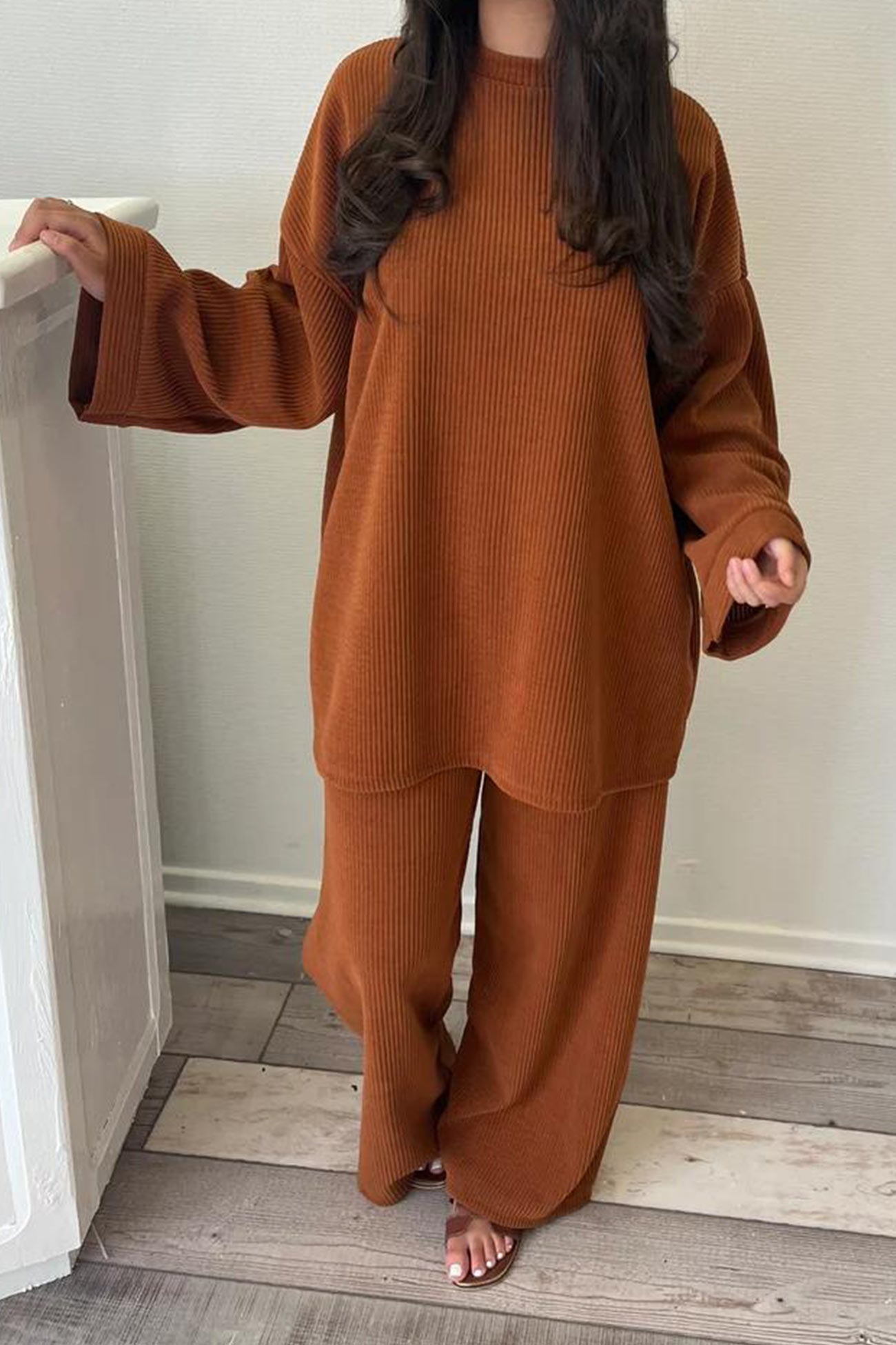 Solid Corduroy Loose Pullover Set