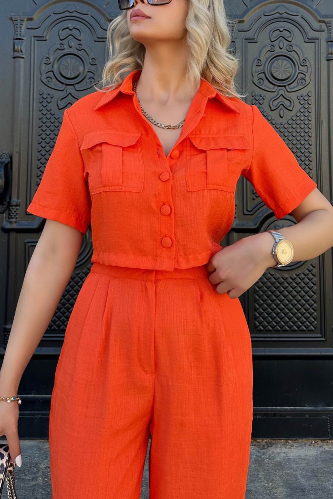Solid Crop Blouse Long Pants Set