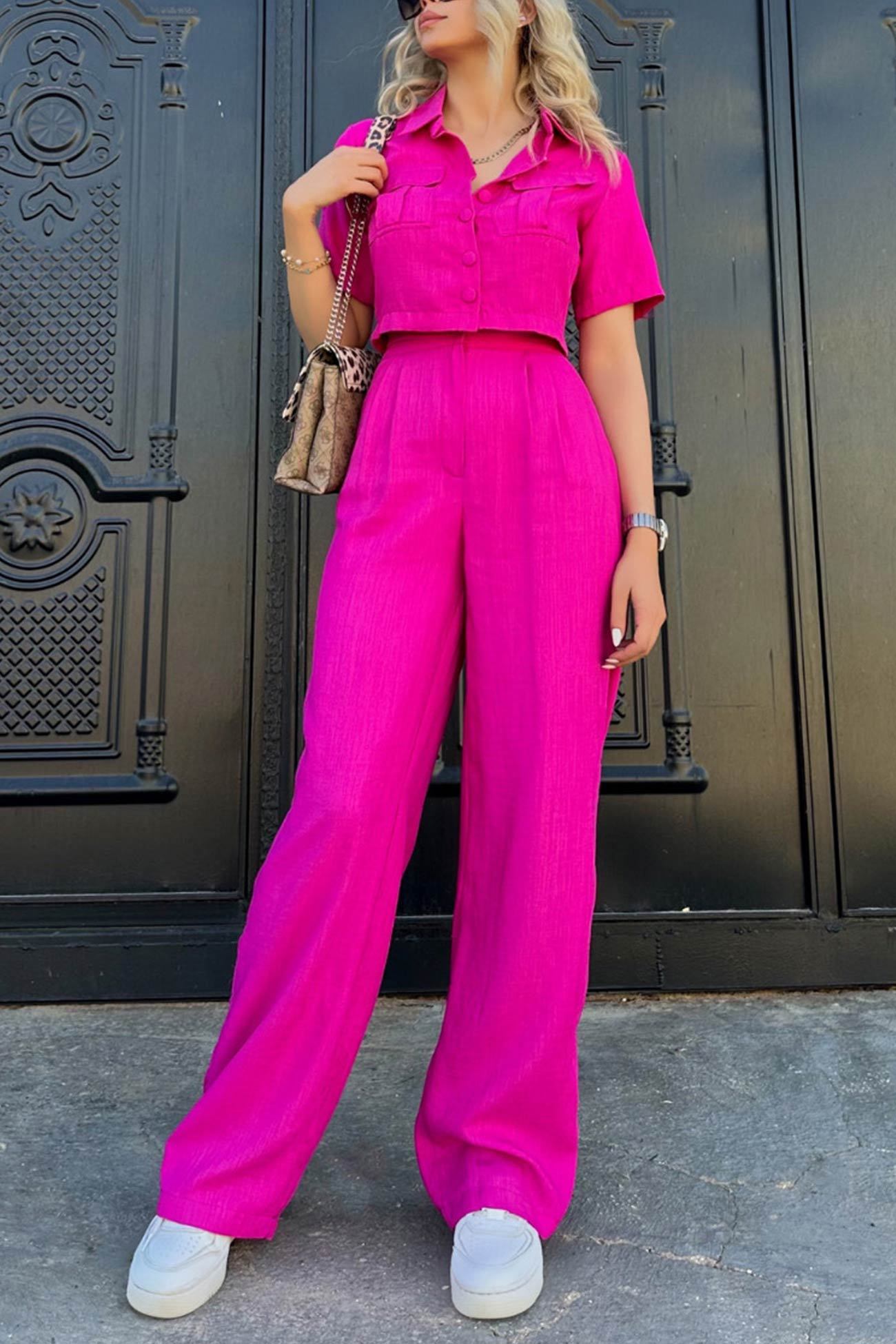 Solid Crop Blouse Long Pants Set