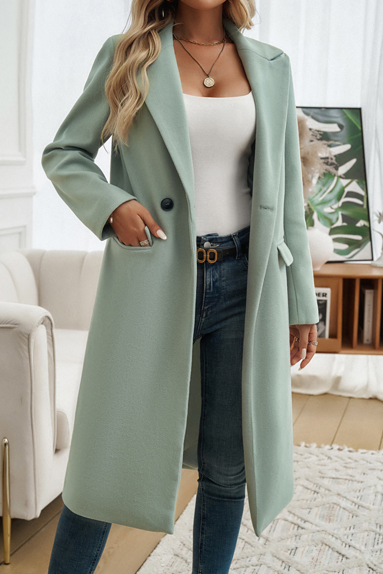 Solid Lapel Mid-length Blazer Coat