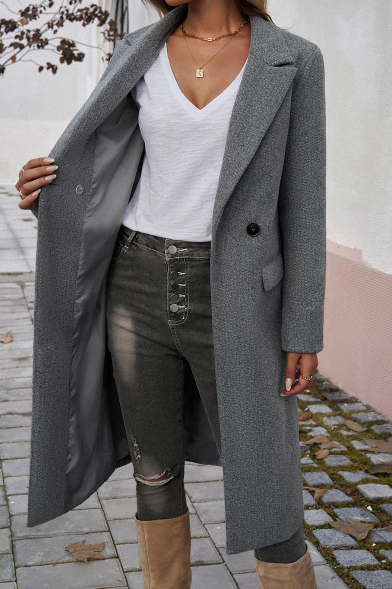Solid Lapel Mid-length Blazer Coat
