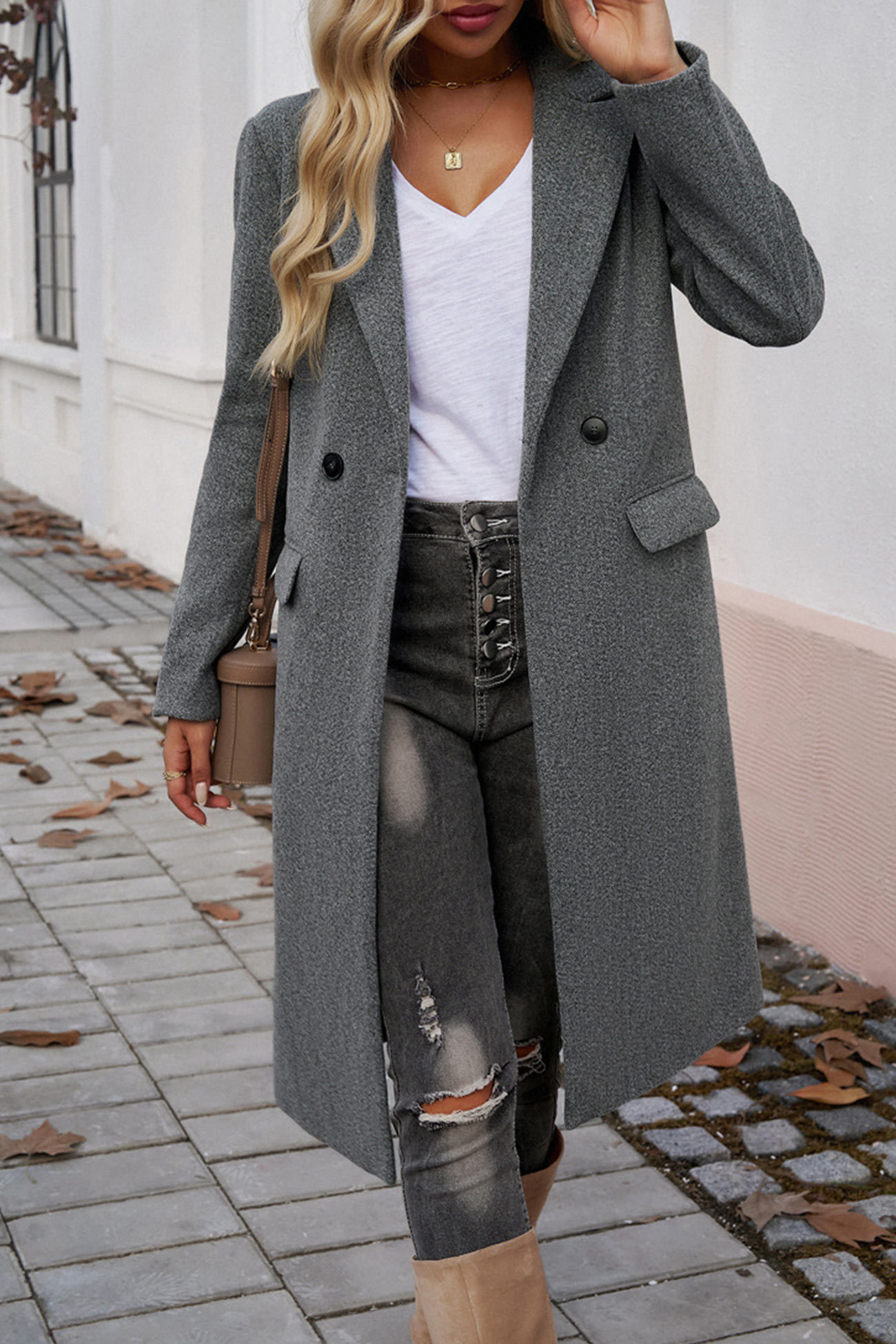 Solid Lapel Mid-length Blazer Coat