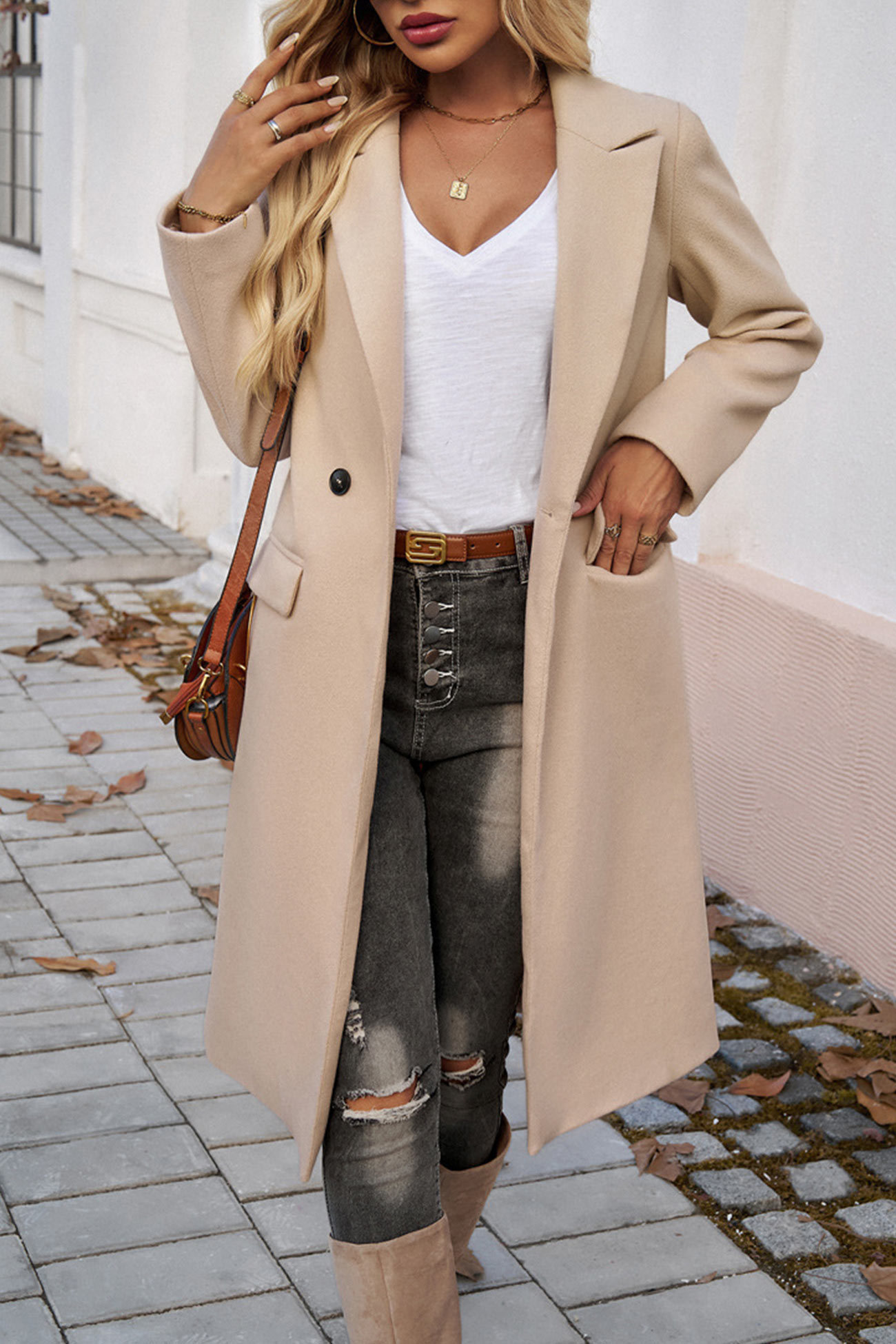 Solid Lapel Mid-length Blazer Coat