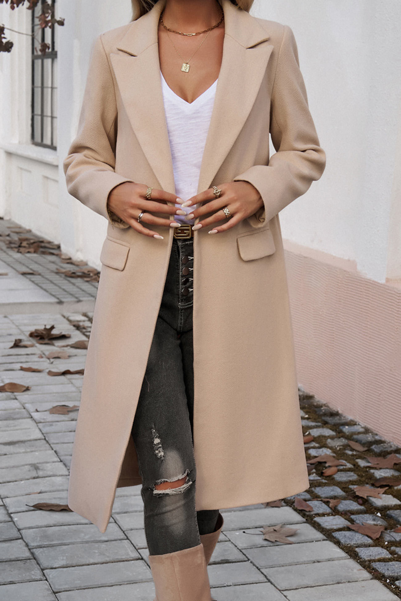 Solid Lapel Mid-length Blazer Coat