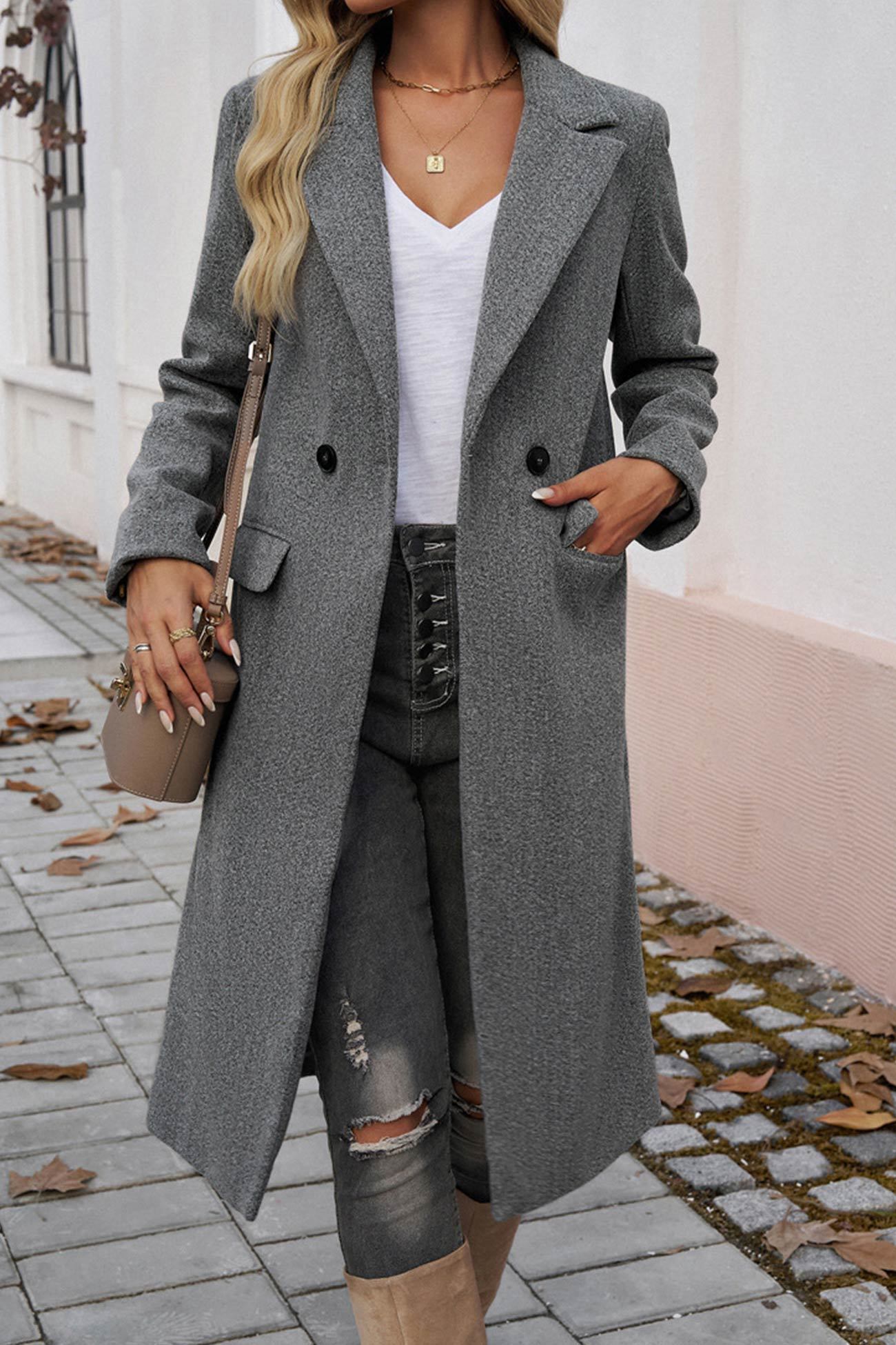 Solid Lapel Mid-length Blazer Coat