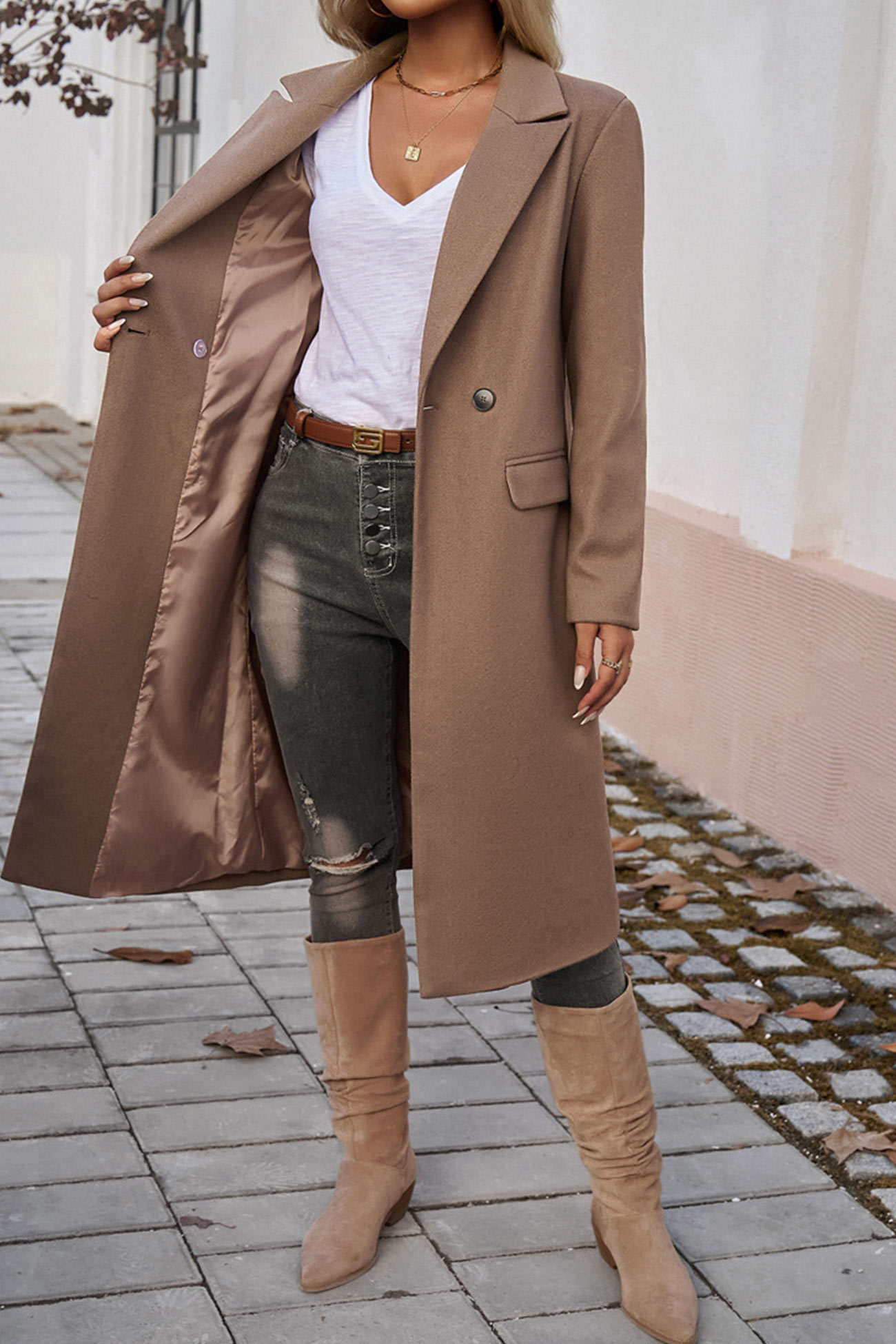 Solid Lapel Mid-length Blazer Coat