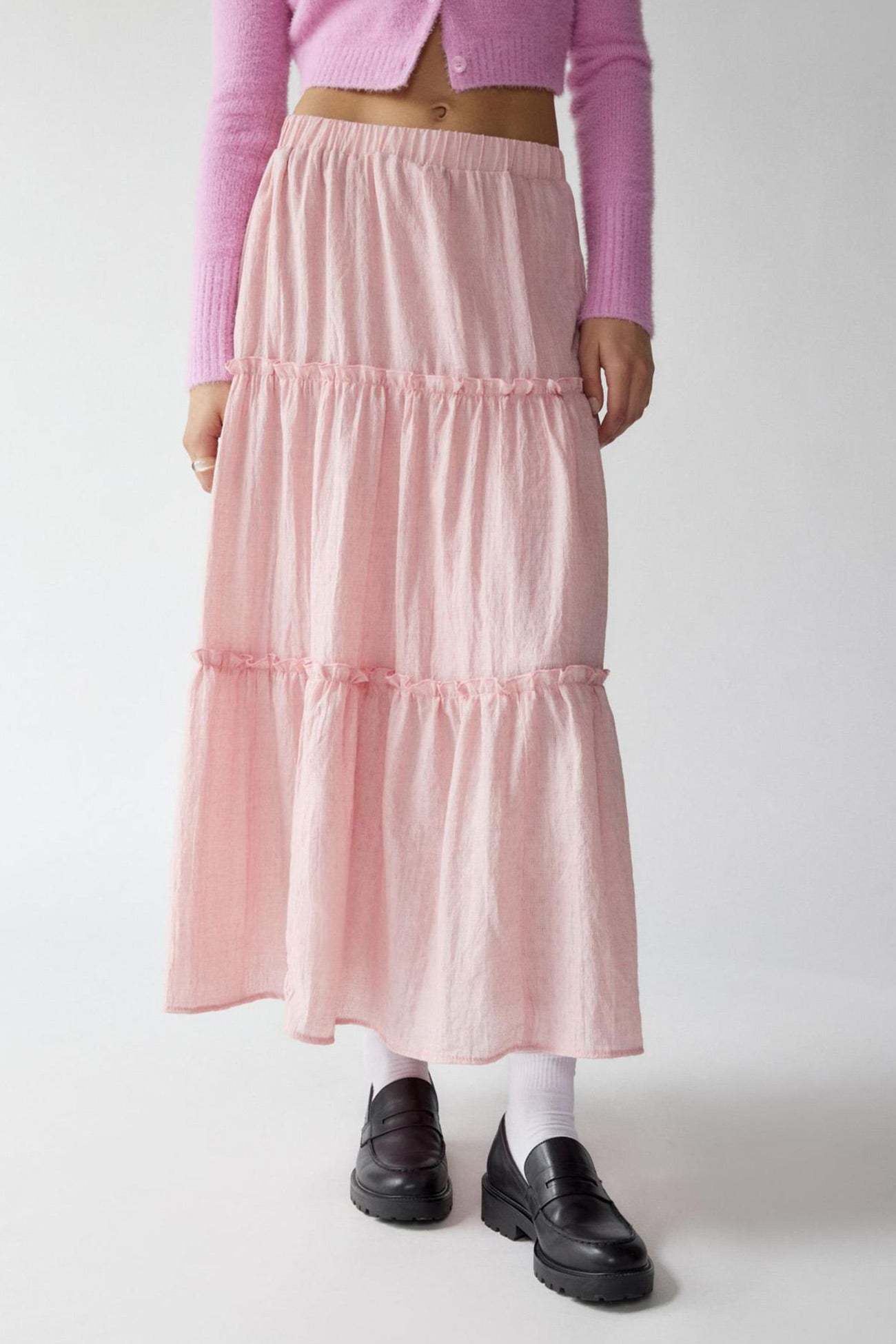 Solid Ruched Tiered Midi Skirt