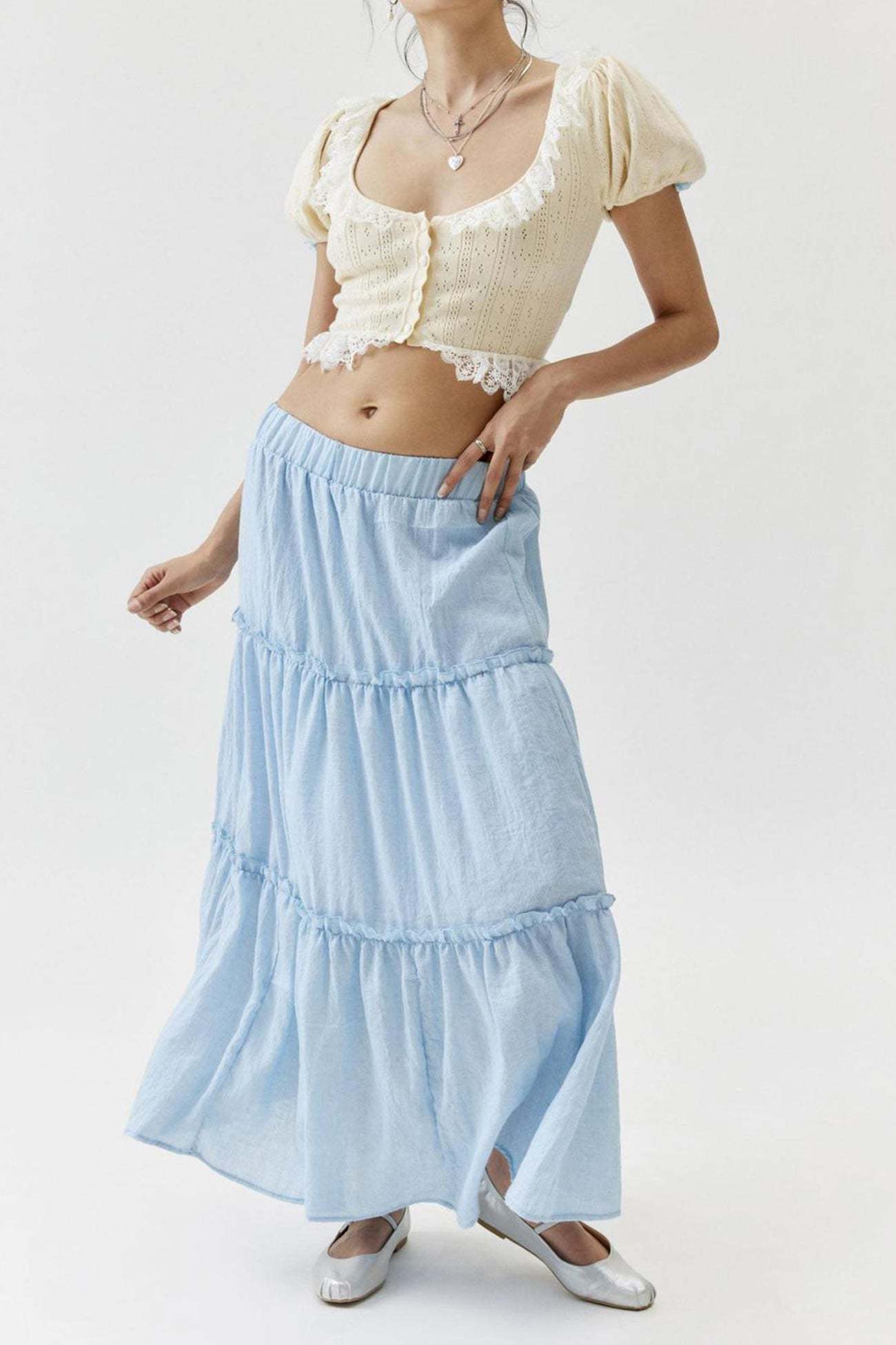 Solid Ruched Tiered Midi Skirt