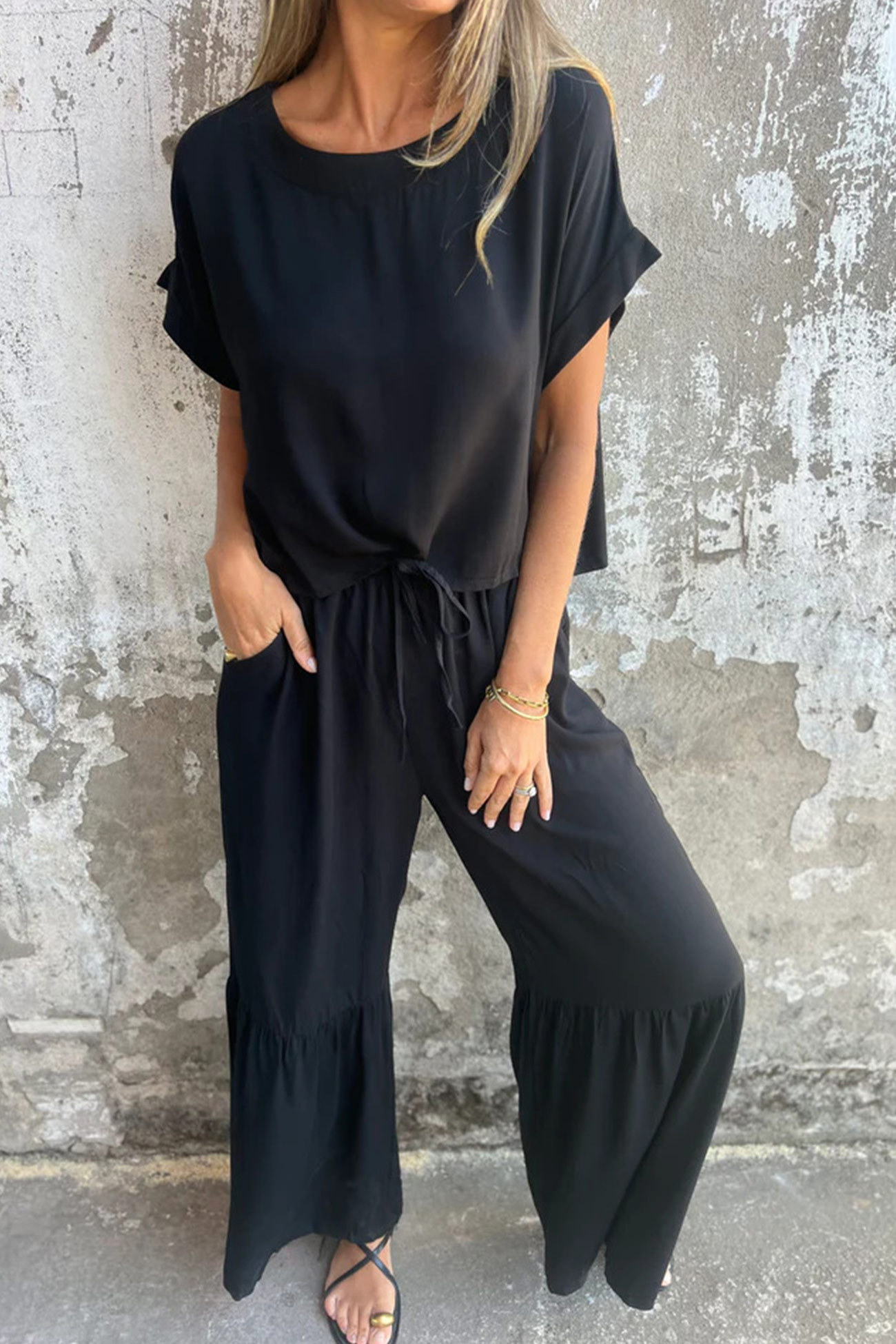 Solid Short Sleeve Flare Pants Set
