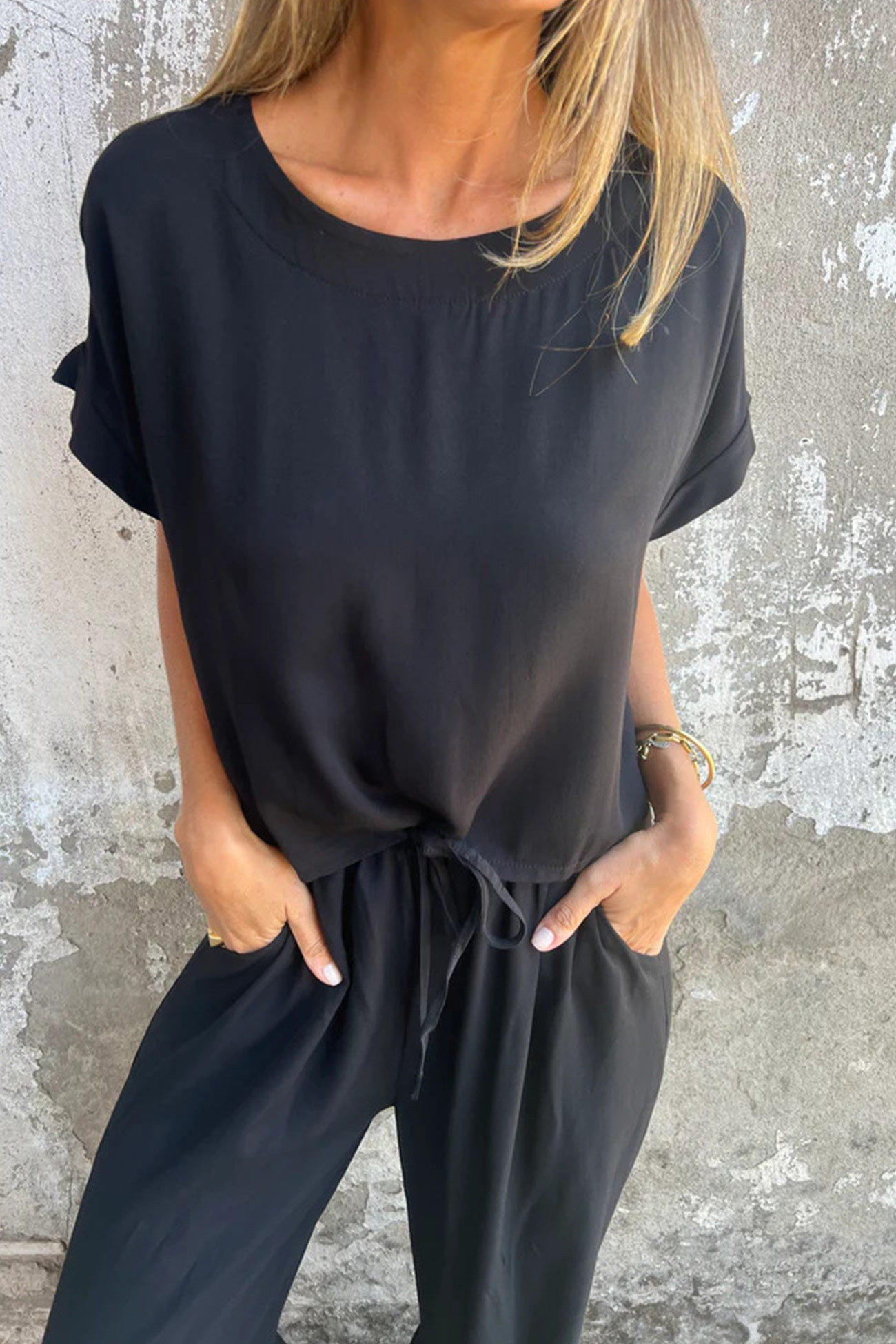 Solid Short Sleeve Flare Pants Set