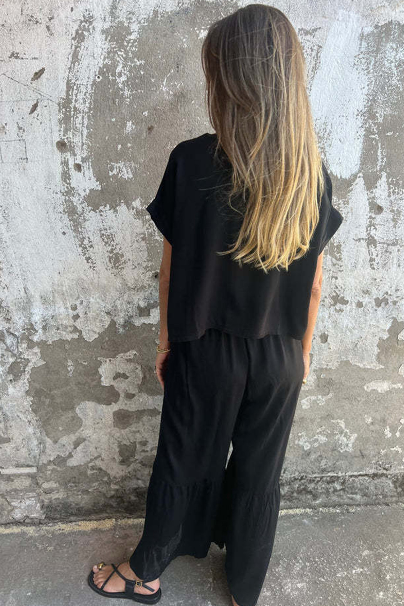 Solid Short Sleeve Flare Pants Set
