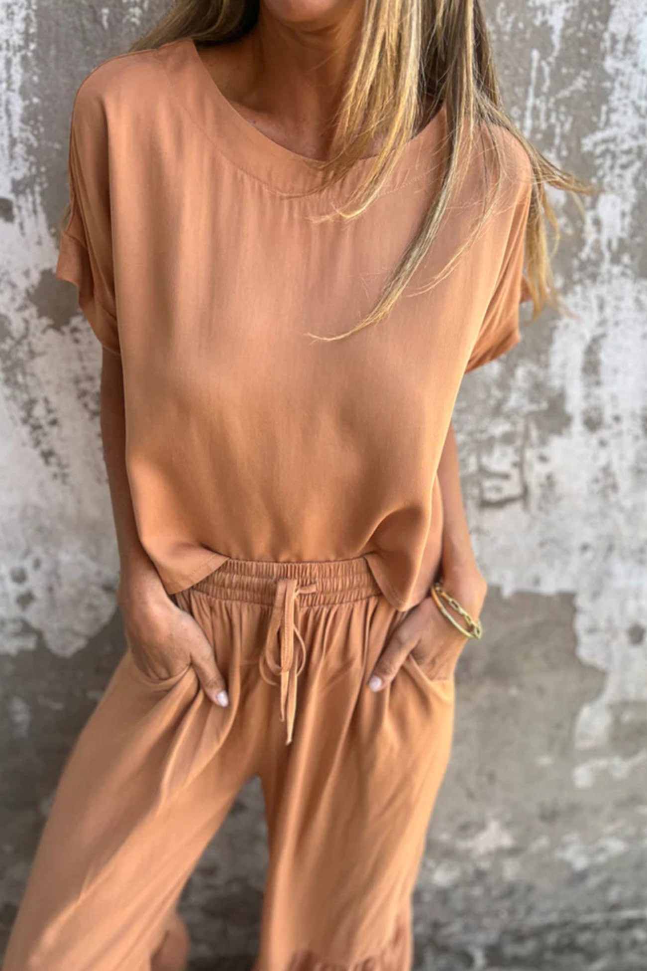 Solid Short Sleeve Flare Pants Set