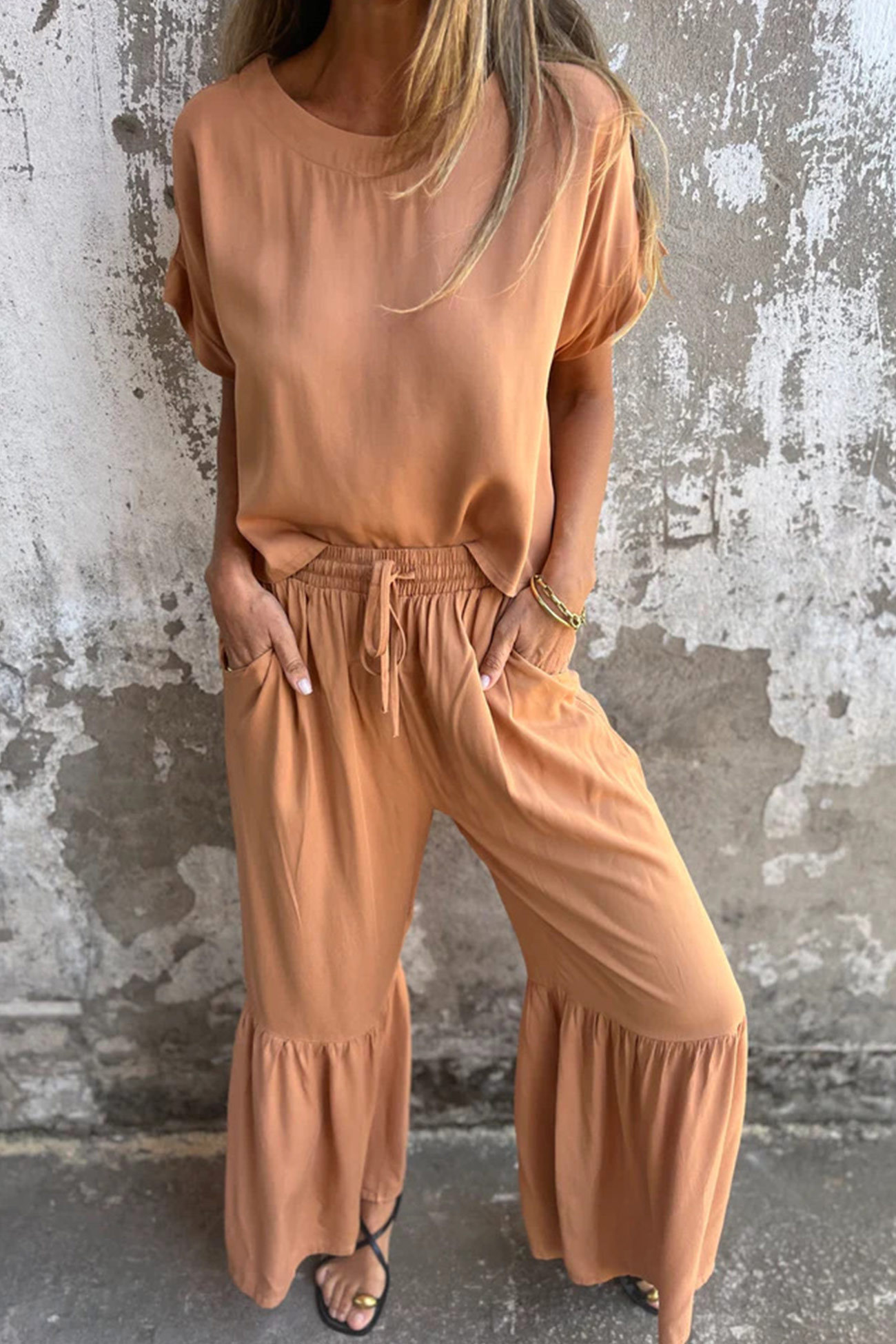 Solid Short Sleeve Flare Pants Set