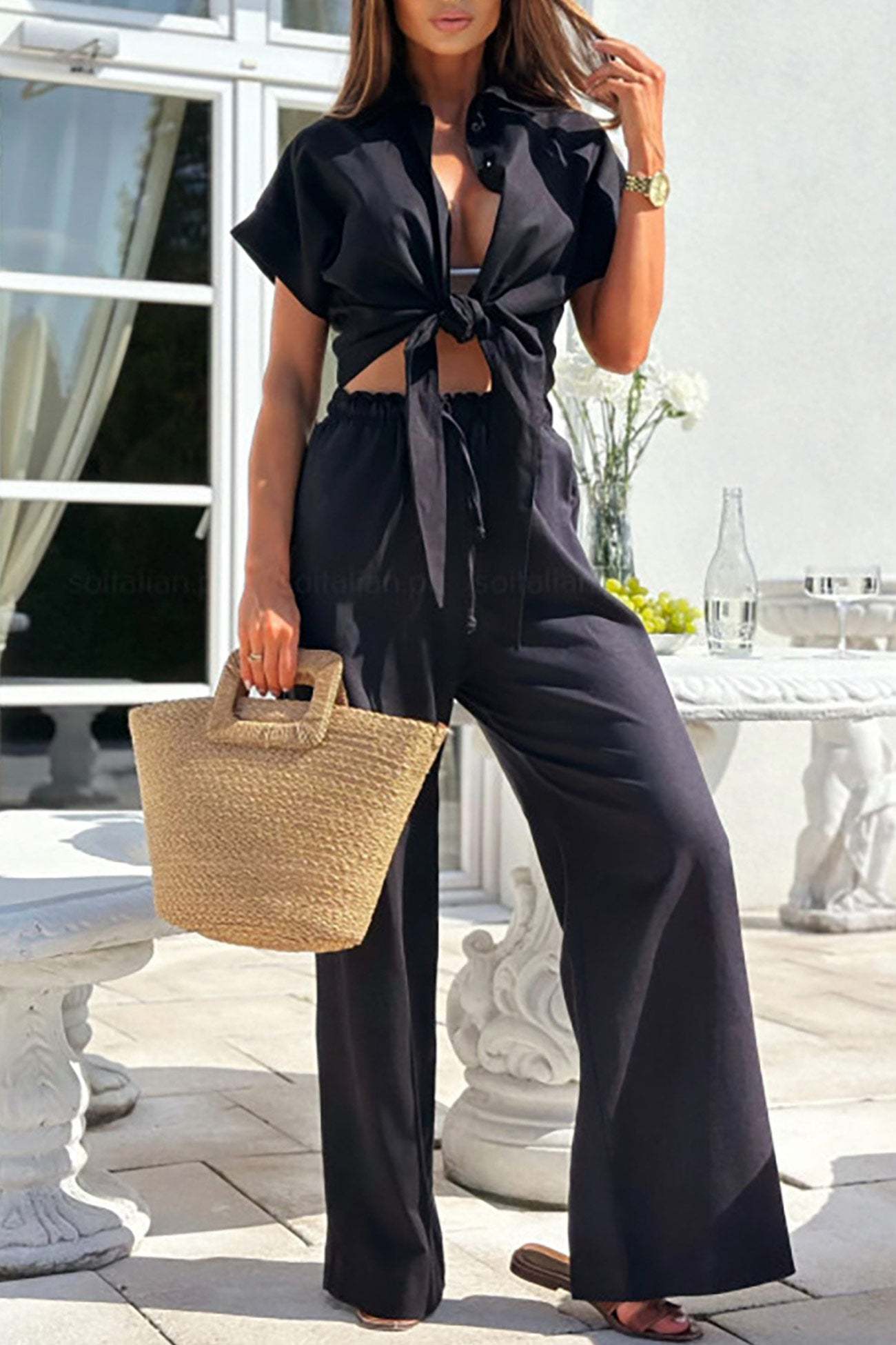 Solid Tie-up Crop Top Long Pants Suits