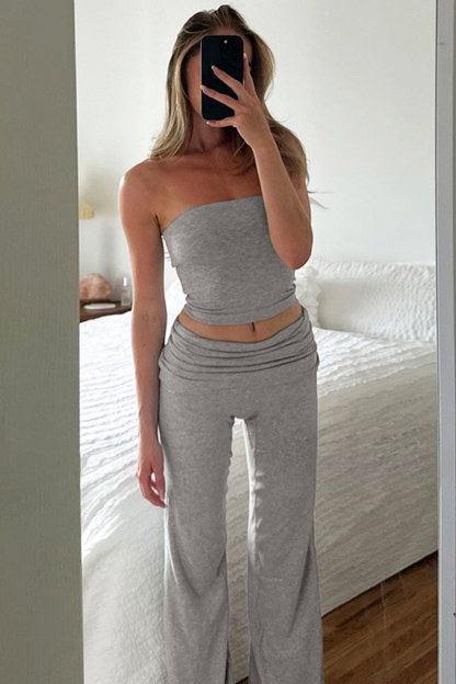 Solid Tube Top Stacking Flare Pants Set