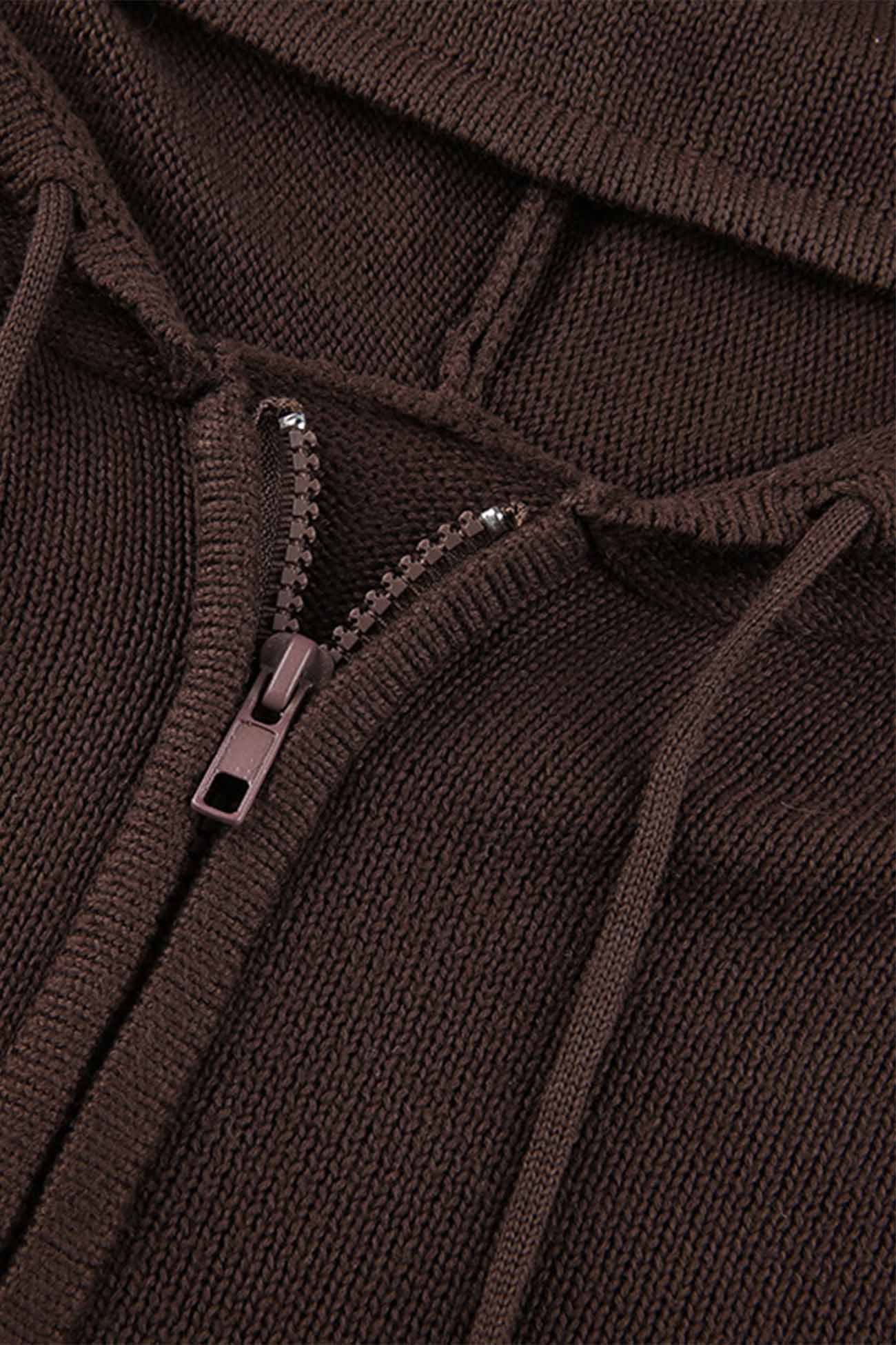 Solid Color Hooded Pocket Zip-Up Cardigan