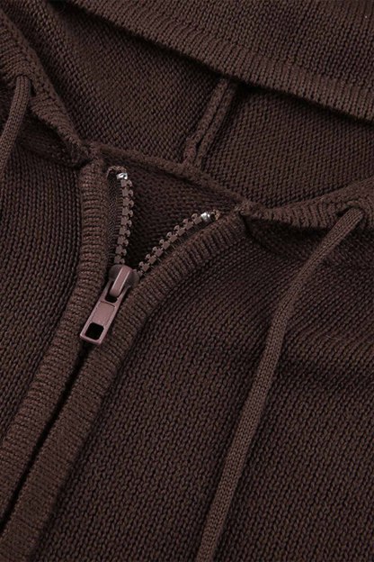 Solid Color Hooded Pocket Zip-Up Cardigan