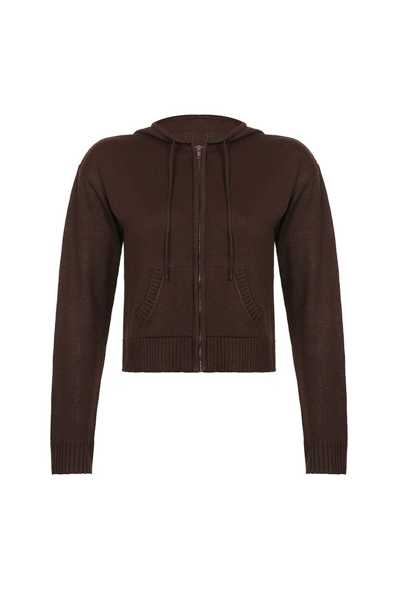 Solid Color Hooded Pocket Zip-Up Cardigan