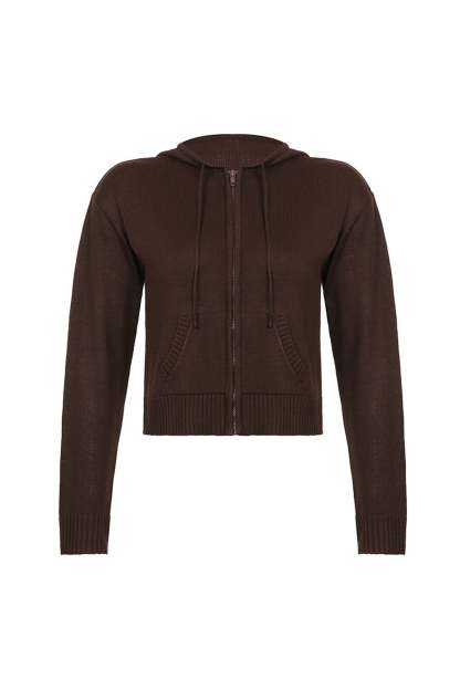 Solid Color Hooded Pocket Zip-Up Cardigan