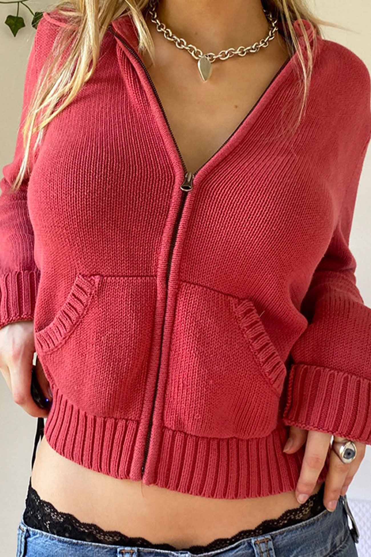 Solid Color Hooded Pocket Zip-Up Cardigan