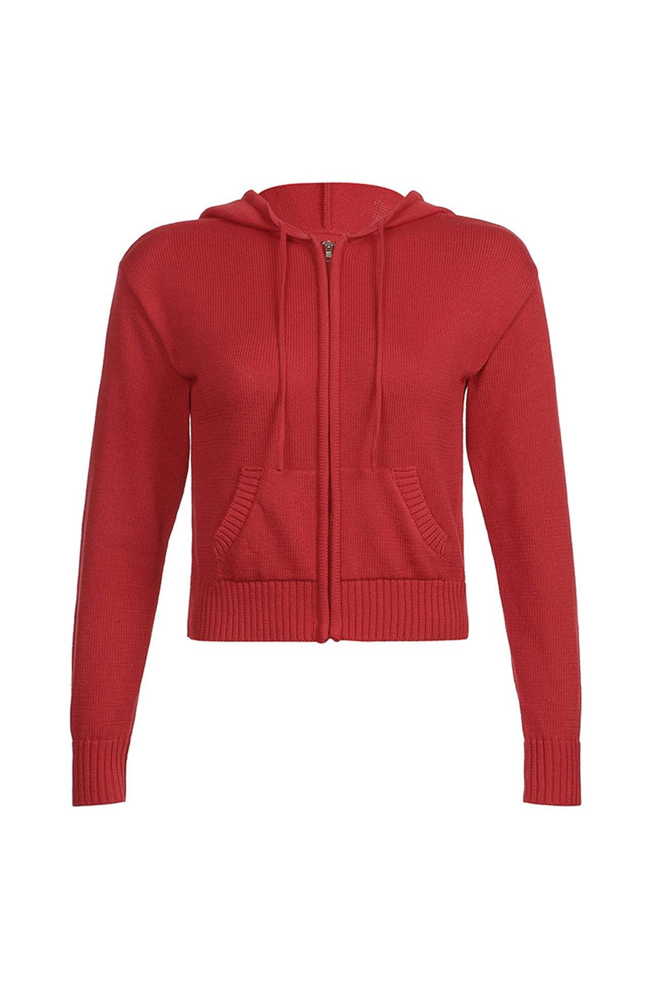 Solid Color Hooded Pocket Zip-Up Cardigan