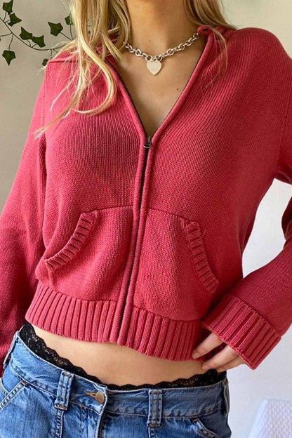 Solid Color Hooded Pocket Zip-Up Cardigan