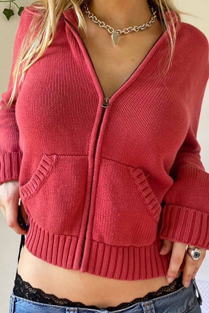 Solid Color Hooded Pocket Zip-Up Cardigan
