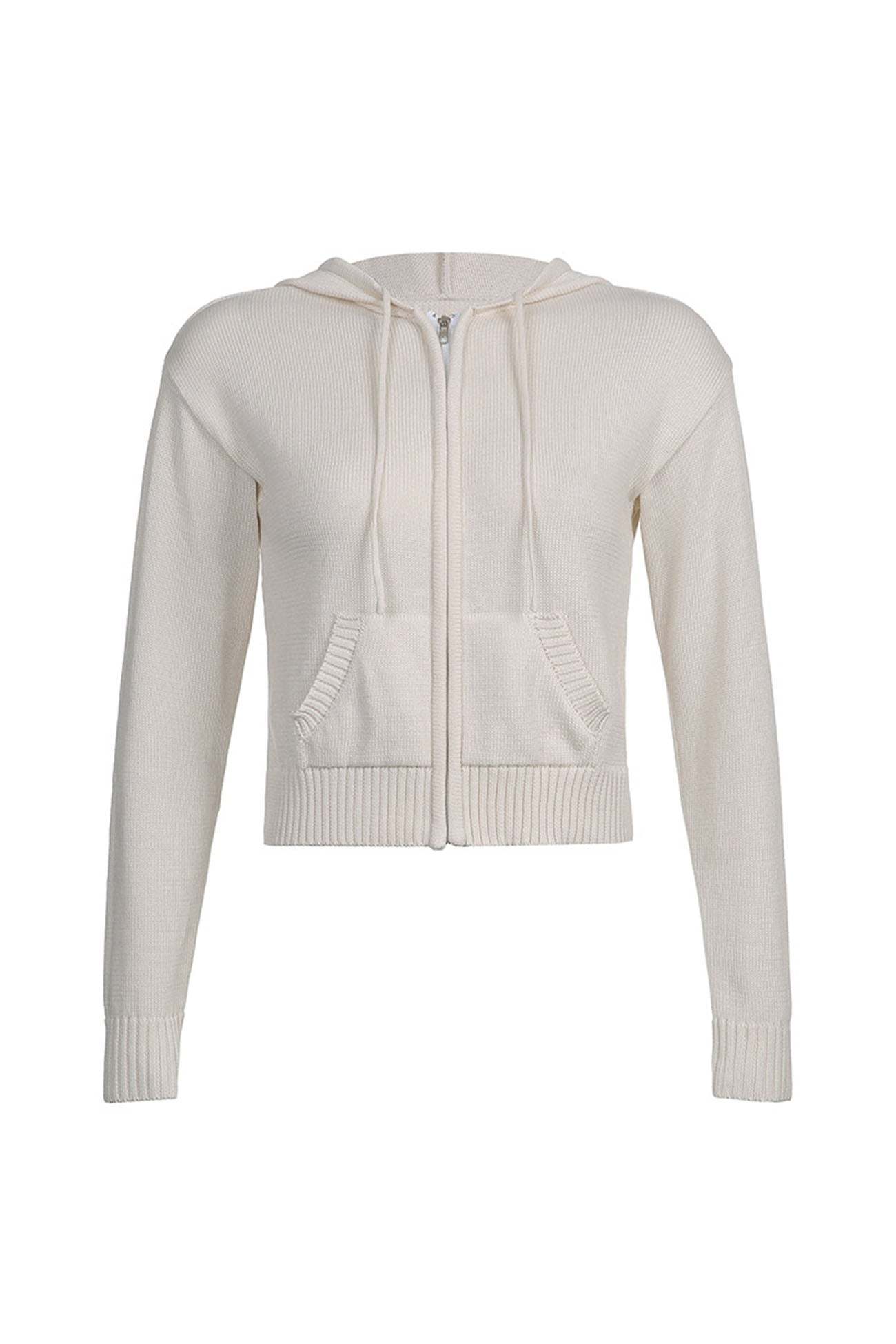 Solid Color Hooded Pocket Zip-Up Cardigan