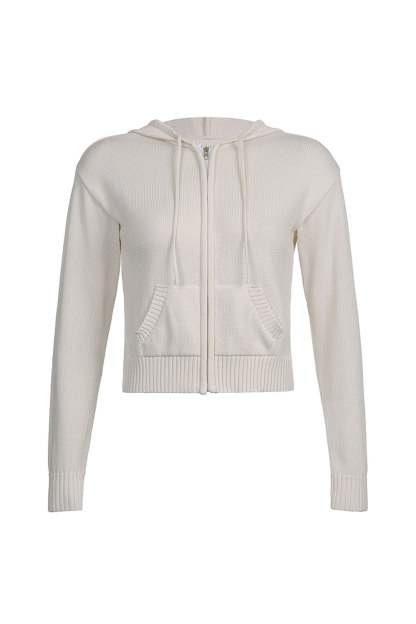 Solid Color Hooded Pocket Zip-Up Cardigan