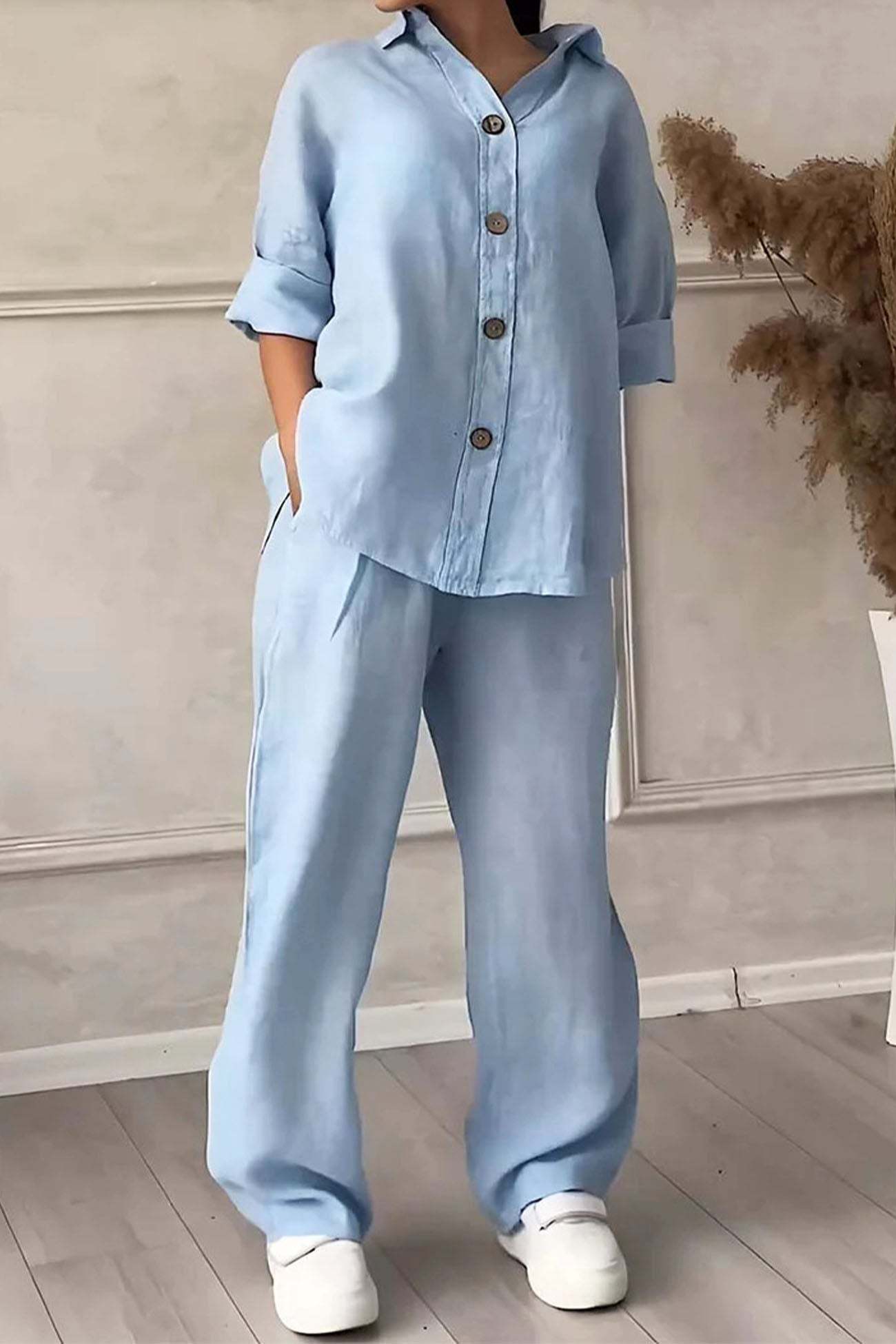 Solid Color Lapel Button Down Wide Leg Pants Set