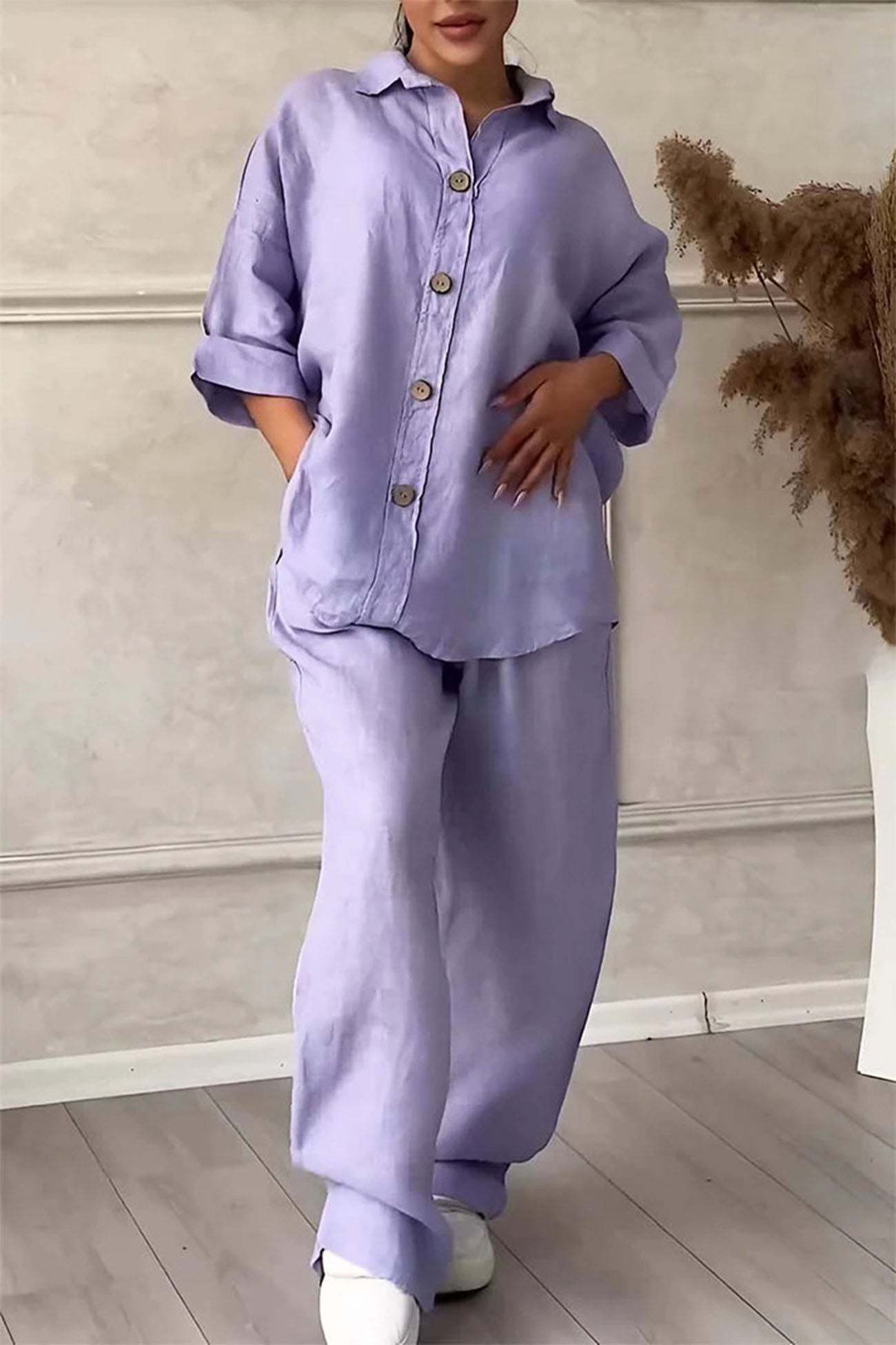 Solid Color Lapel Button Down Wide Leg Pants Set