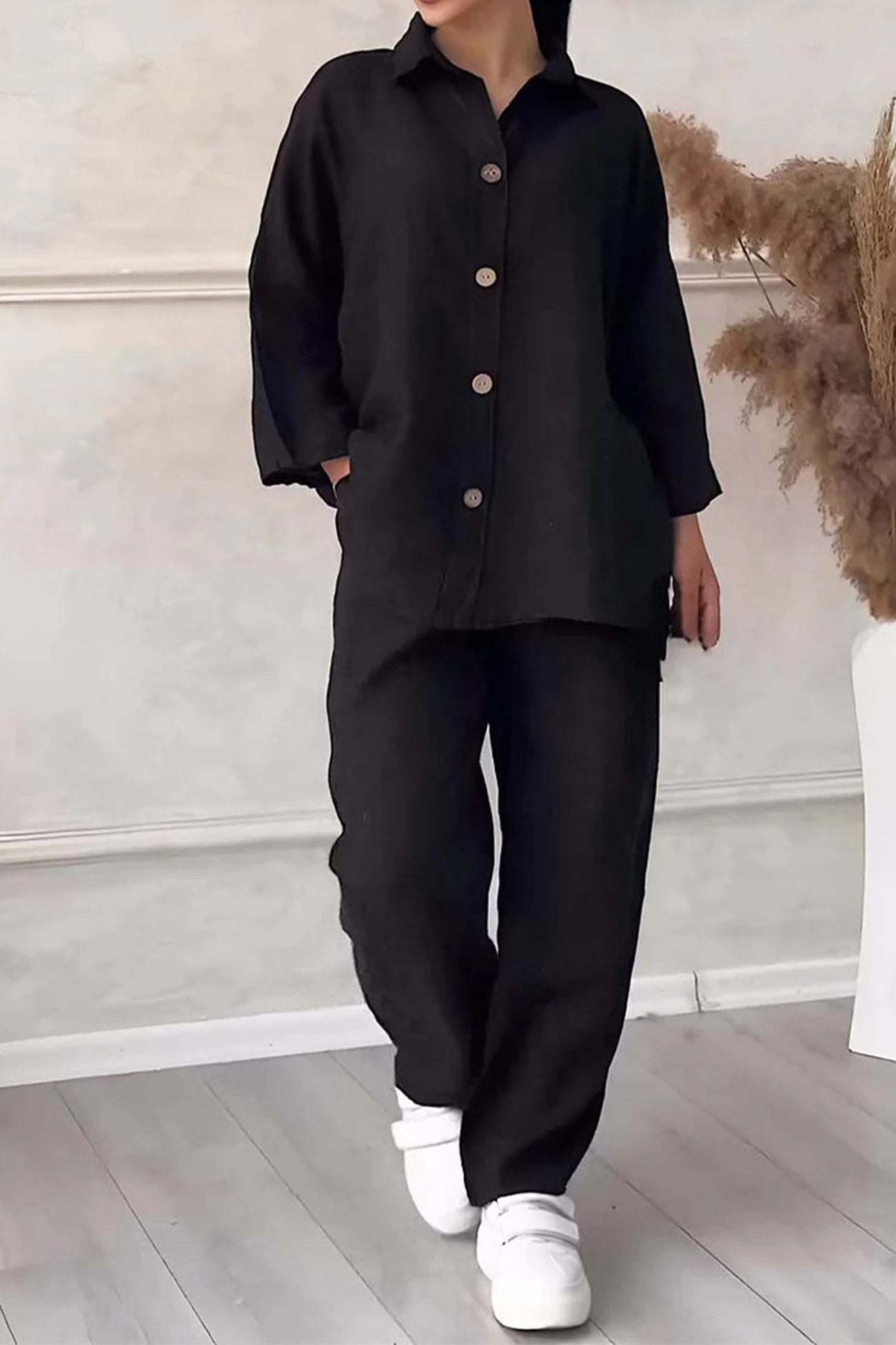 Solid Color Lapel Button Down Wide Leg Pants Set