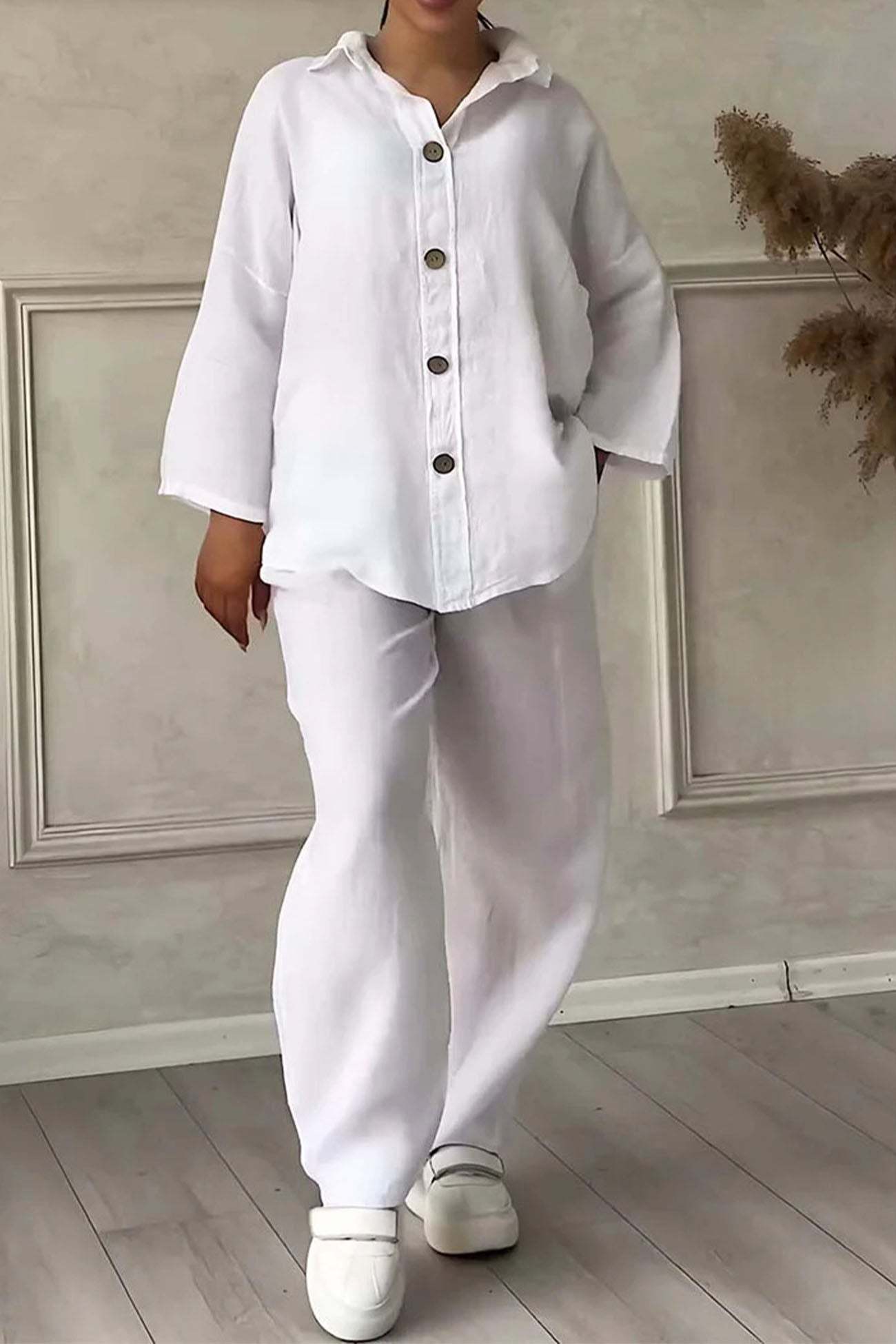 Solid Color Lapel Button Down Wide Leg Pants Set