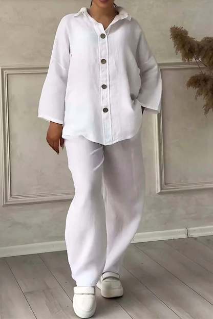 Solid Color Lapel Button Down Wide Leg Pants Set