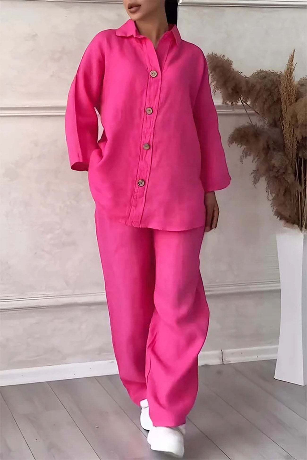 Solid Color Lapel Button Down Wide Leg Pants Set