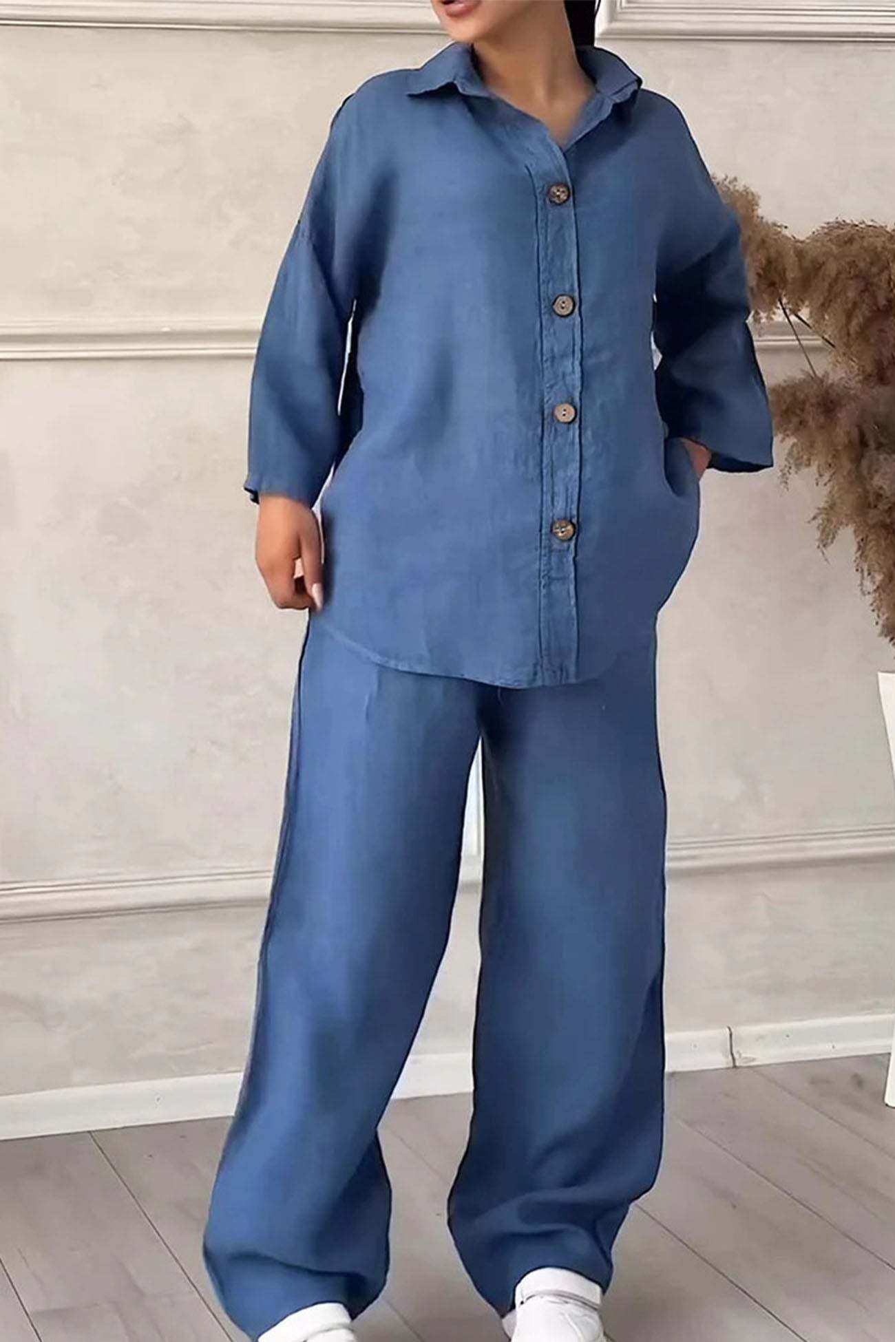 Solid Color Lapel Button Down Wide Leg Pants Set