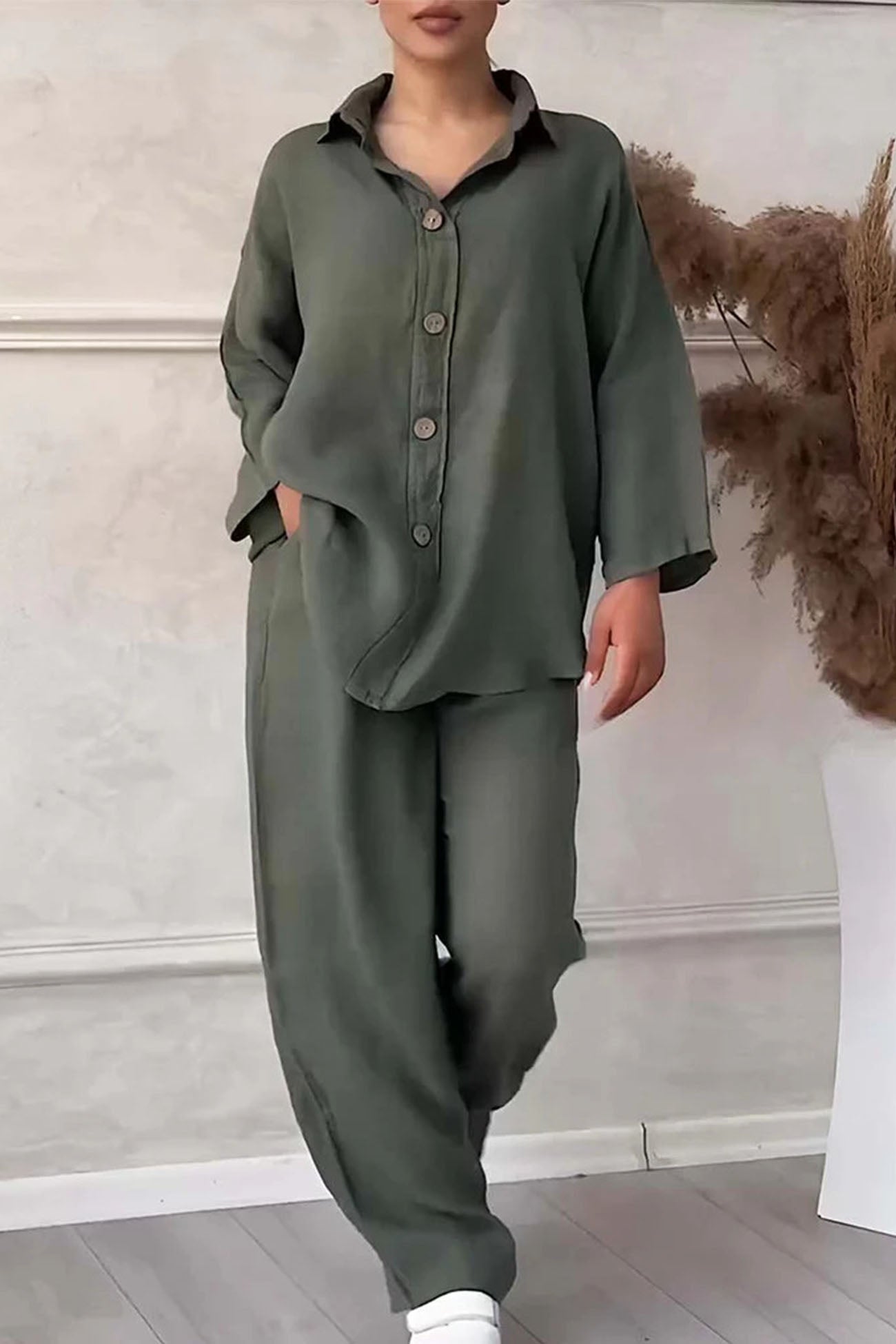 Solid Color Lapel Button Down Wide Leg Pants Set