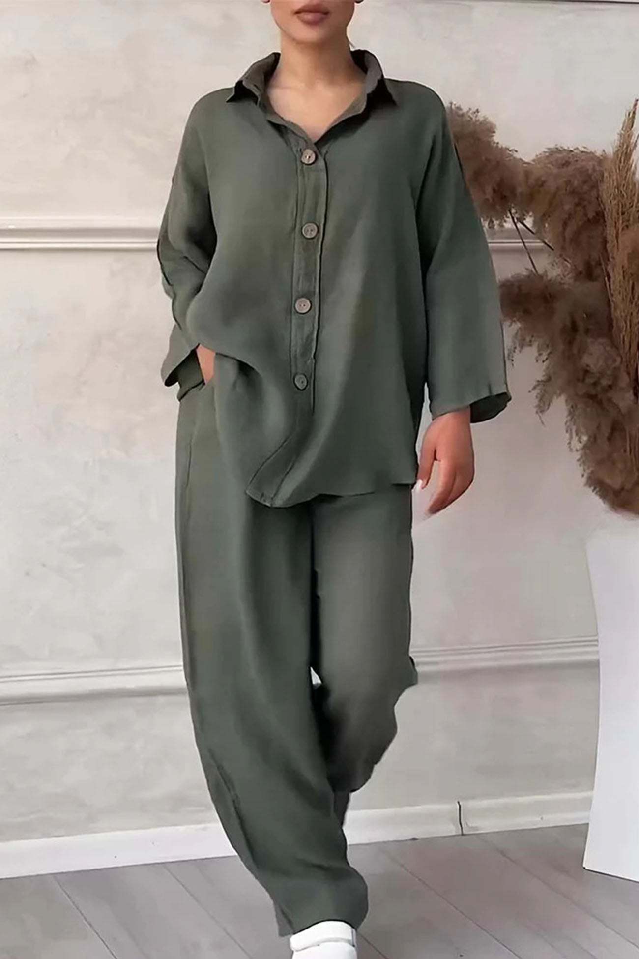 Solid Color Lapel Button Down Wide Leg Pants Set