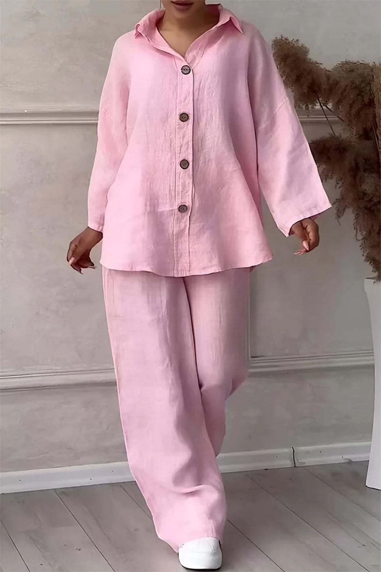 Solid Color Lapel Button Down Wide Leg Pants Set