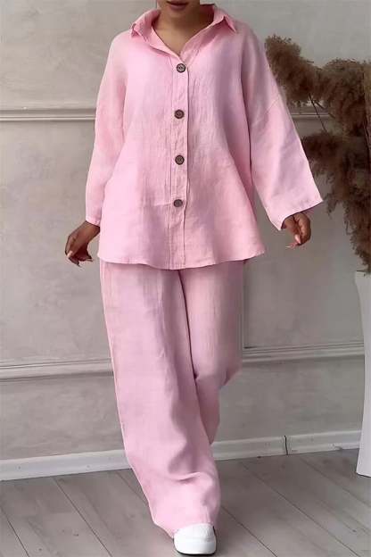 Solid Color Lapel Button Down Wide Leg Pants Set